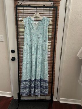 Lucky Brand Mint Blue Paisley Tiered Maxi Dress with Navy Border